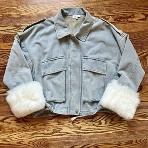 Petal Dew White Faux Fur Trim Utility Denim Jacket Warm Soft Lining, Oversized S